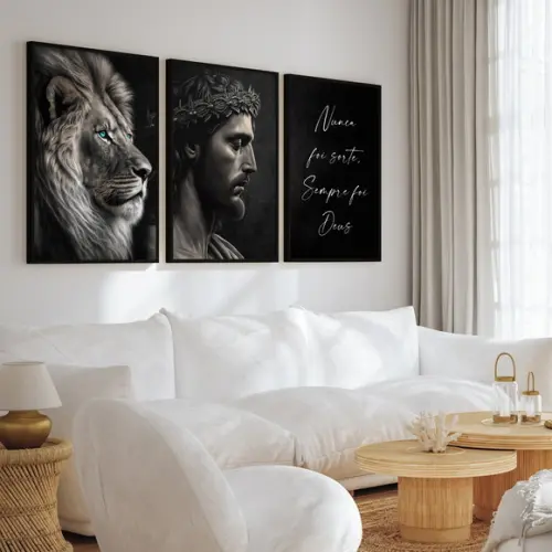 Kit 3 Quadros Decorativos Rosto Jesus Leão Frases Moldura