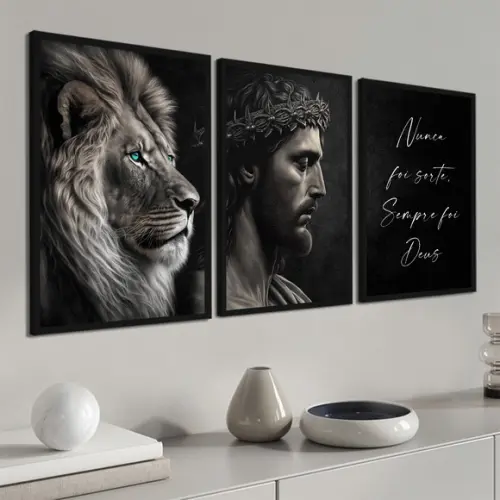 Kit 3 Quadros Decorativos Rosto Jesus Leão Frases Moldura
