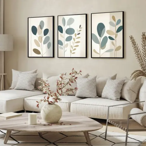 Kit 3 Quadros Decorativos Sala Moderna Folhagem Luxo Moldura