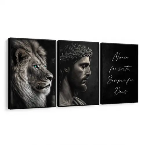 Kit 3 Quadros Decorativos Rosto Jesus Leão Frases Moldura