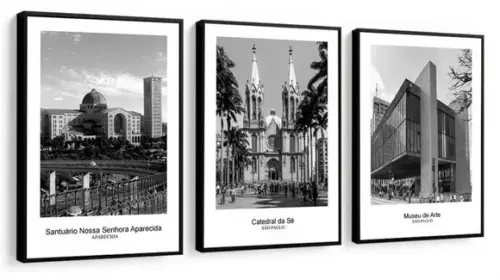 Kit 3 Quadros Decorativos São Paulo Cidade Moderno Moldura