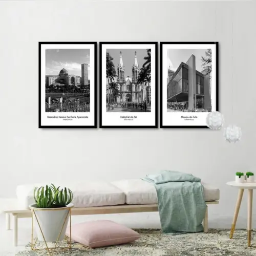 Kit 3 Quadros Decorativos São Paulo Cidade Moderno Moldura