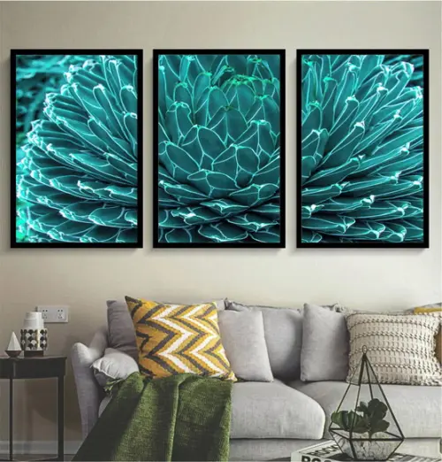 Kit 3 Quadros Decorativos Suculenta Azul Para Sala Moldura