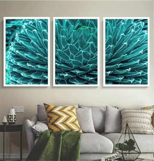 Kit 3 Quadros Decorativos Suculenta Azul Flores Com Moldura