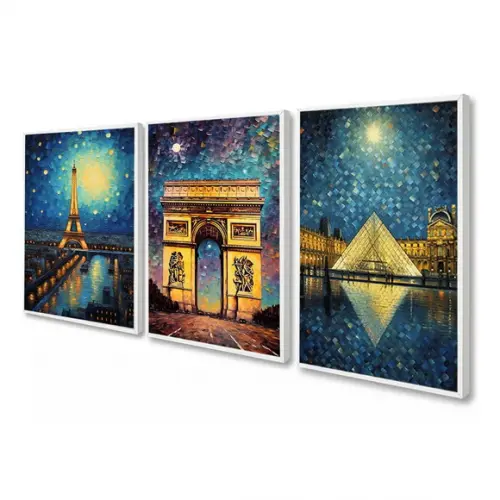 Kit 3 Quadros Decorativos Torre Eiffel Arco do Triunfo Paris