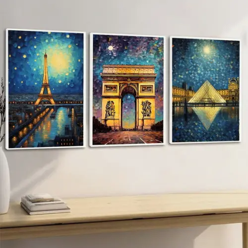 Kit 3 Quadros Decorativos Torre Eiffel Arco do Triunfo Paris