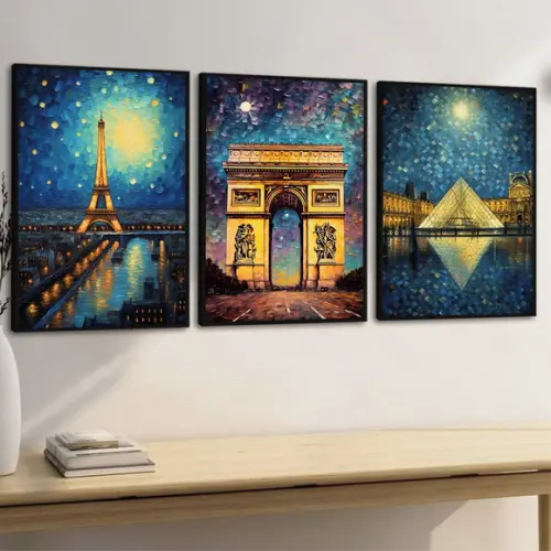Kit 3 Quadros Decorativos Torre Eiffel Museu do Louvre Paris
