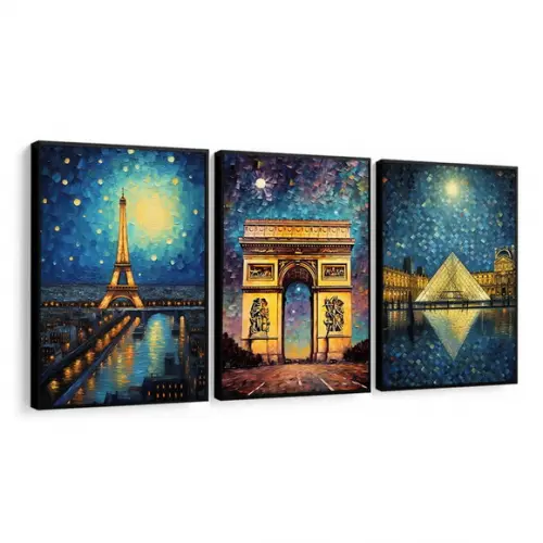 Kit 3 Quadros Decorativos Torre Eiffel Museu do Louvre Paris