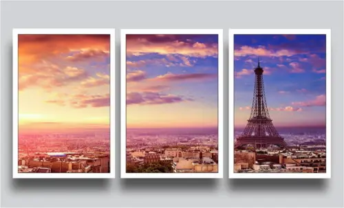 Kit 3 Quadros Decorativos Torre Eiffel Pôr Do Sol Molduras