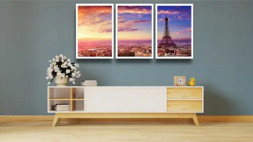 Kit 3 Quadros Decorativos Torre Eiffel Pôr Do Sol Molduras