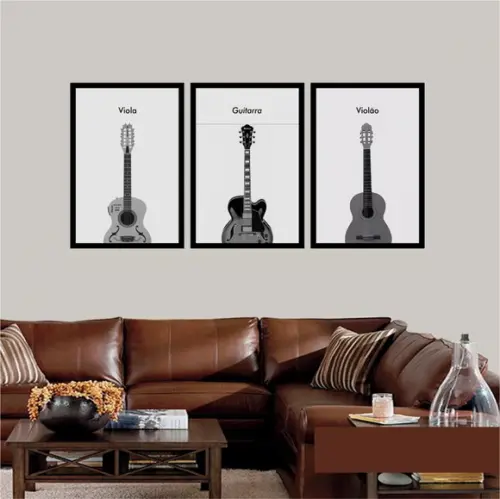 Kit 3 Quadros Decorativos Violão Vintage Sala Quarto Moldura