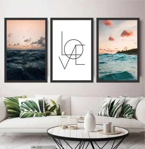 Kit 3 Quadros Decorativos, Praia Litoral Mar Love Amor Casal