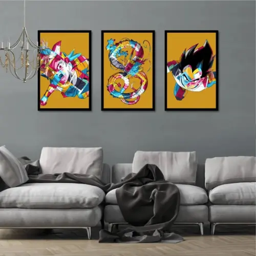 Kit 3 Quadros Dragon Ball Z Anime Desenho Decoração Molduras