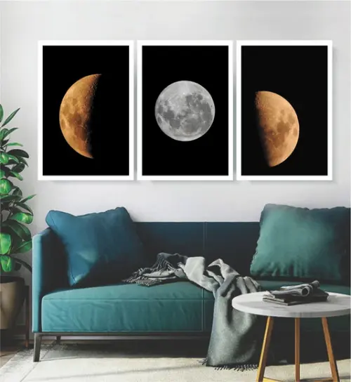 Kit 3 Quadros Fases Da Lua Decoração Astrologia Com Moldura