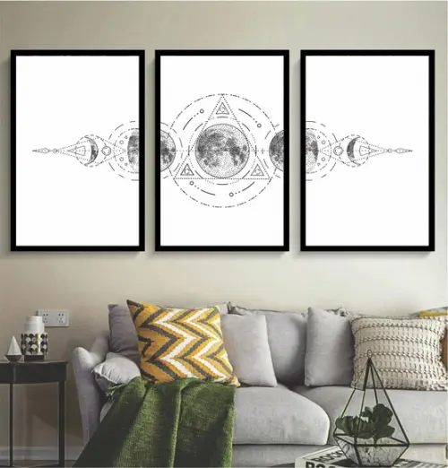 Kit 3 Quadros Fases Da Lua Decoração Conjunto Com Moldura