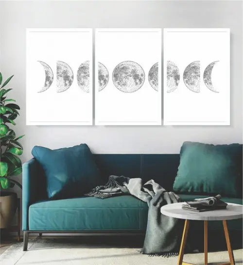 Kit 3 Quadros Fases Da Lua Decoração Conjunto Com Moldura