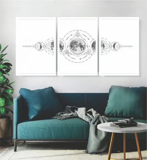 Kit 3 Quadros Fases Da Lua Decoração Conjunto Com Molduras