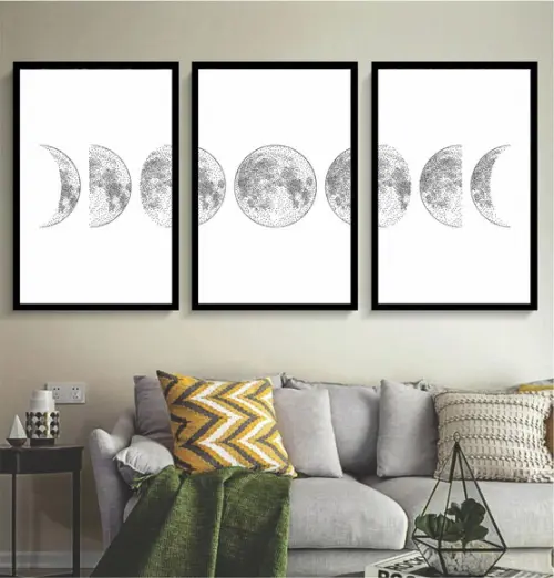 Kit 3 Quadros Fases Da Lua Decoração Conjunto Com Moldura