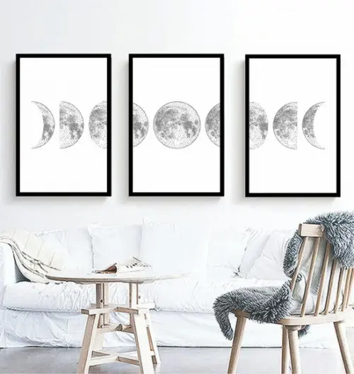 Kit 3 Quadros Fases Da Lua Decoração Conjunto Com Moldura