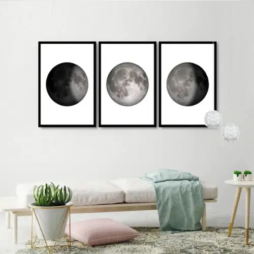 Kit 3 Quadros Fases Da Lua Decoração Conjunto Com Molduras