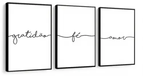 Kit 3 Quadros Fé Amor Gratidão Frase Decoração Moldura Vidro
