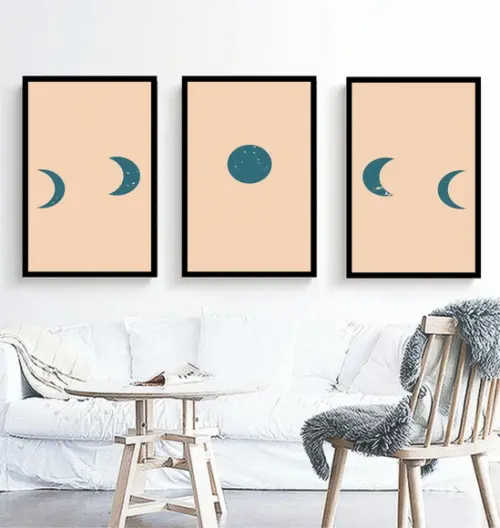 Kit 3 Quadros Fases Da Lua Rosê Decoração Conjunto Moldura
