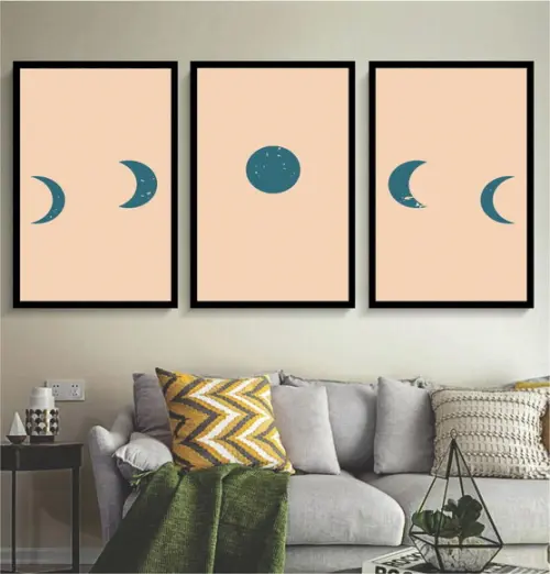 Kit 3 Quadros Fases Da Lua Rosê Decoração Conjunto Moldura