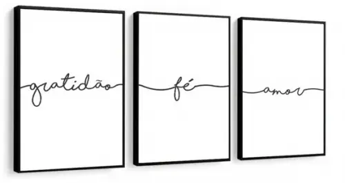 Kit 3 Quadros Fé Amor Gratidão Frases Decoração Casa Moldura