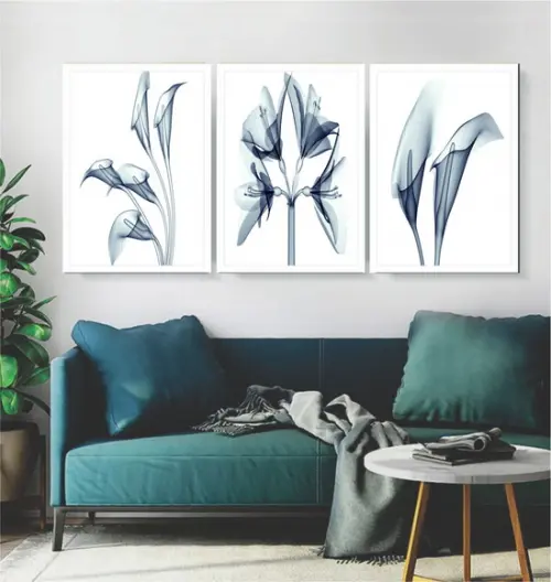 Kit 3 Quadros Flor Azul Botânico Decoração Casa Com Moldura