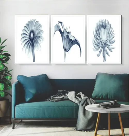 Kit 3 Quadros Flor Azul Decoração Botânico Conjunto Moldura