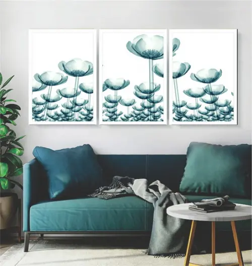 Kit 3 Quadros Flor Azul Papoulas Decoração Botânico Moldura