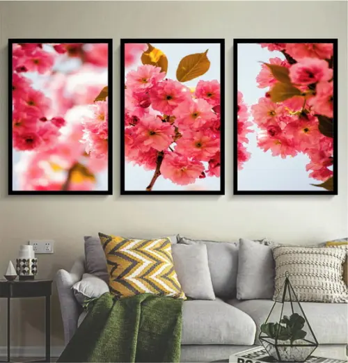 Kit 3 Quadros Flor De Cerejeira Decoração Conjunto Molduras