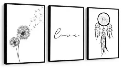 Kit 3 Quadros Flor Love Casal Decoração Quarto Sala Moldura
