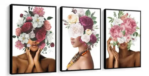 Kit 3 Quadros Flor Rosa Mulheres Decoração Botânico Molduras