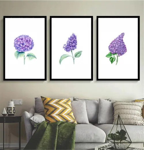 Kit 3 Quadros Flor Roxa Decoração Folhagem Botânico Molduras