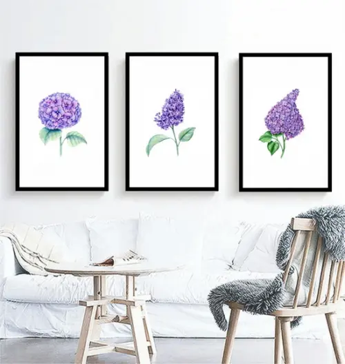 Kit 3 Quadros Flor Roxa Decoração Folhagem Botânico Molduras