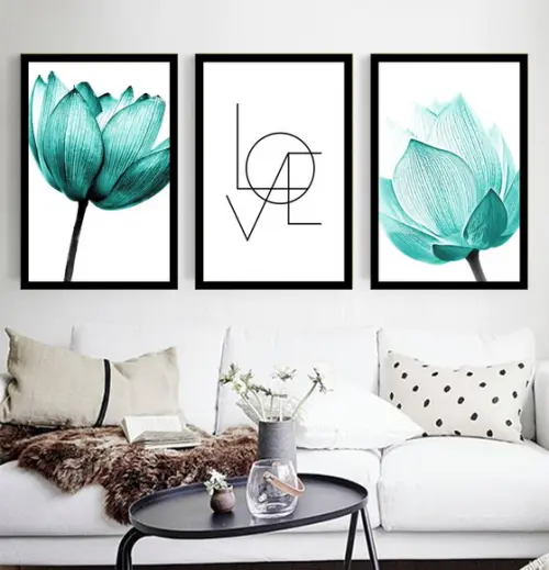 Kit 3 Quadros Flores Azul Decoração Love Frase Casal Moldura