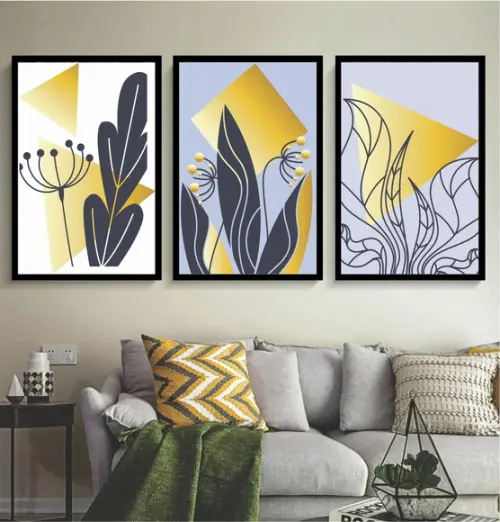 Kit 3 Quadros Flores Azul Gold Dourado Decoração Com Moldura