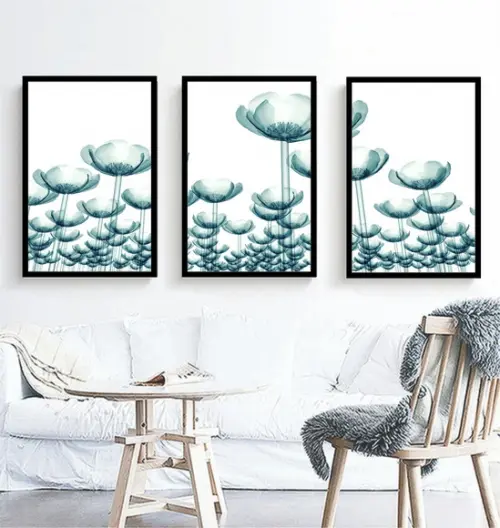Kit 3 Quadros Flores Azul Papoula Decoração Botânico Moldura