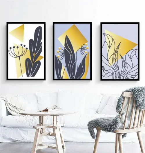 Kit 3 Quadros Flores Azul Gold Dourado Decoração Com Moldura