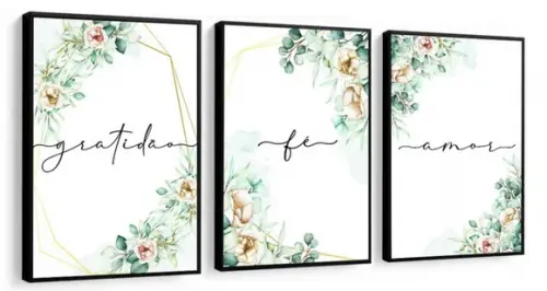 Kit 3 Quadros Flores Brancas Frases Decoração Casa Molduras