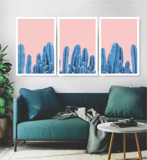 Kit 3 Quadros Flores Cactos Azul Decoração Botânico Moldura