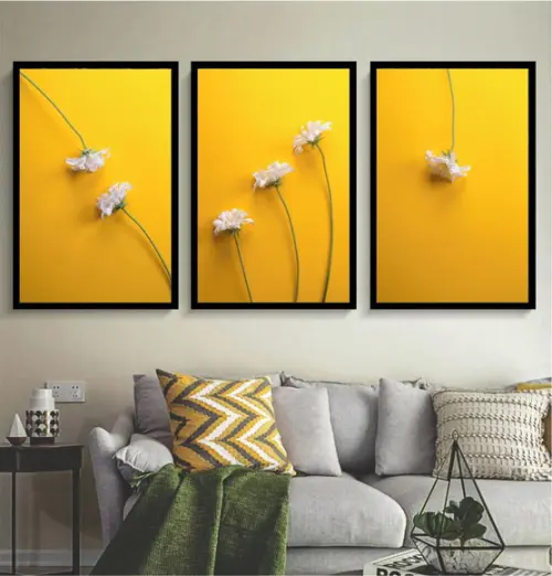 Kit 3 Quadros Flores Brancas Minimalista Decoração Moldura