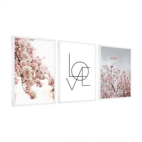 Kit 3 Quadros Flores Cerejeira Love Casal Decoração Molduras