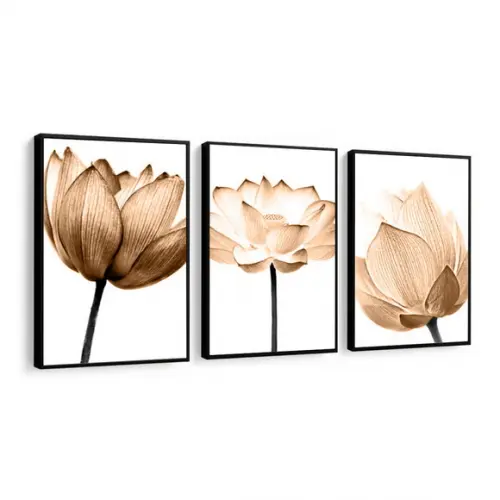 Kit 3 Quadros Flores Douradas Amarelas Decoração Com Moldura