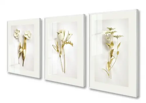 Kit 3 Quadros Flores Douradas Conjunto Com Moldura e Vidro