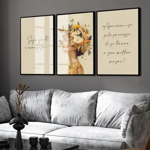 Kit 3 Quadros Flores Frases Decoração com Moldura Vidro