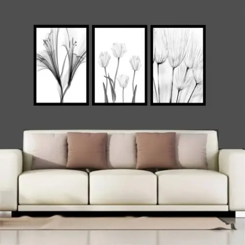 Kit 3 Quadros Flores Minimalista Preto e Branco Decoração