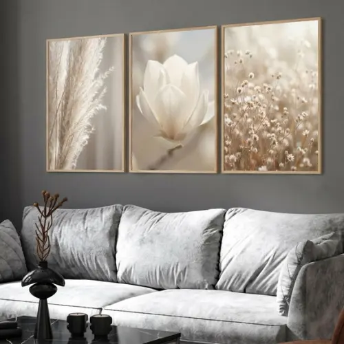 Kit 3 Quadros Flores Paisagem Decoração com Moldura Vidro