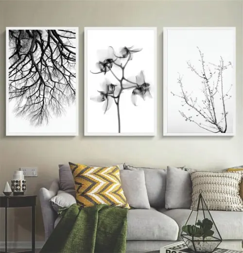 Kit 3 Quadros Flores Preto e Branco Decoração Galhos Moldura